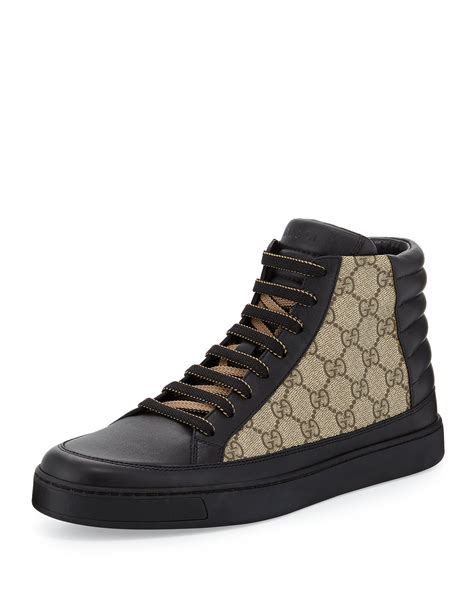 gucci common leather high top sneaker black beige|Gucci gg supreme sneakers.